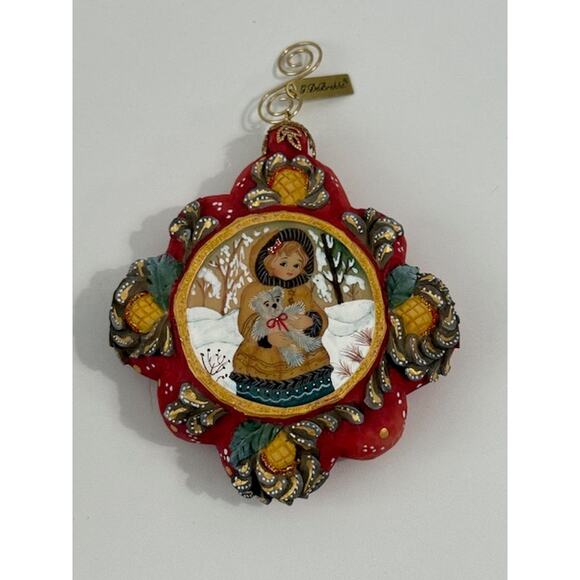 G.Debrekht 61025-21 Girl in Snow w/ Teddy Bear Red Ornament 4" w/ Box - Picture 1 of 6